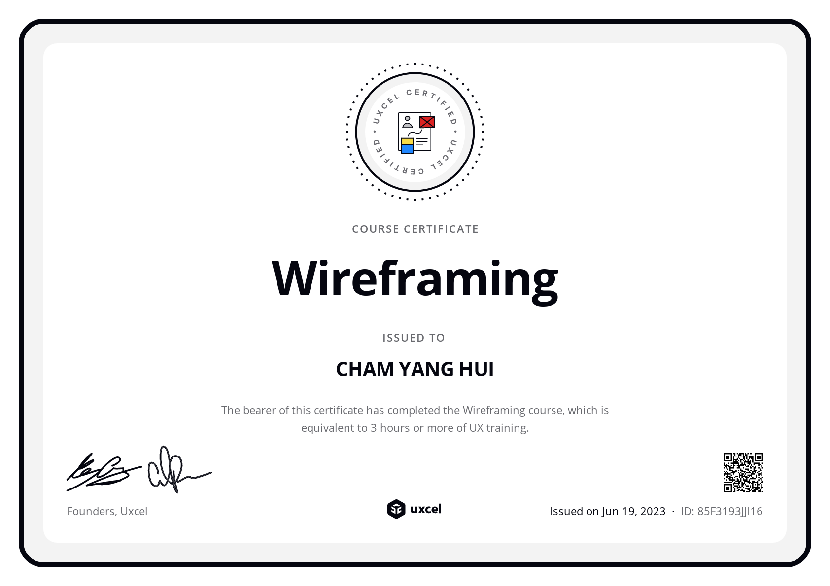 CHAM YANG HUI's certificate